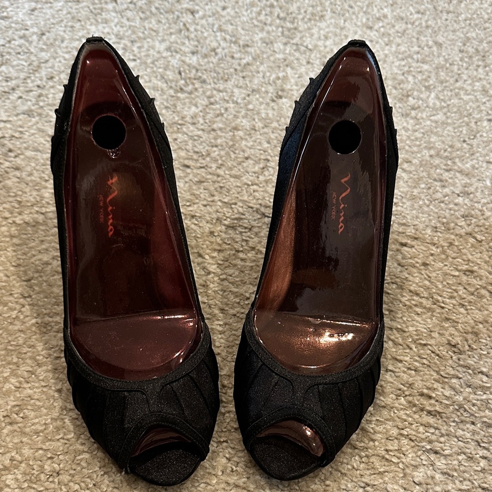 Nina Black Peep-Toe Heels
